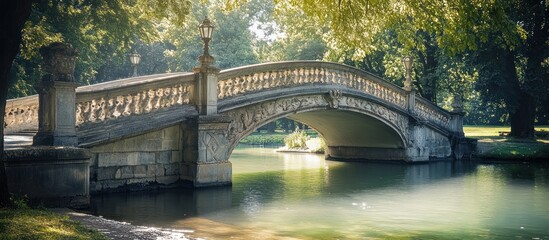 Stone arch bridge over calm water in a park.