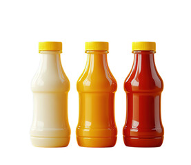 lank mockup of three white ketchup bottles, a yellow mustard bottle, and a red tomato sauce bottle