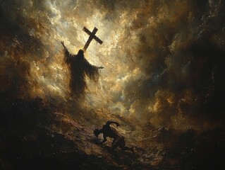 powerful vision depicts Jesus Christ on hill radiating light wielding glowing cross. Below shadowy devil fiery features kneels in fear surrounded angels and celestial clouds.