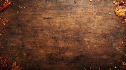 87.A high-resolution background image for National Pizza Day, showcasing a deep brown wood surface with natural knots and textures. Around the borders, there are subtle accents like olive oil