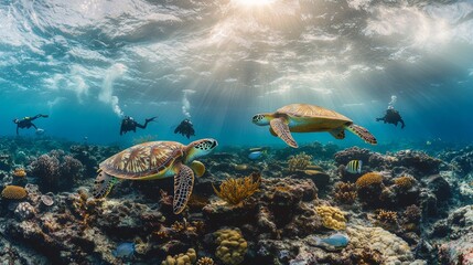Fototapeta premium a photo under the ocean of turtles and other marine fish. coral reef in the sea with turtle