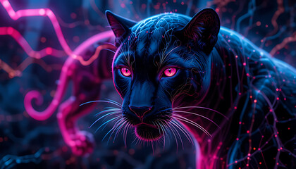 Neon black panther with glowing lines generative art