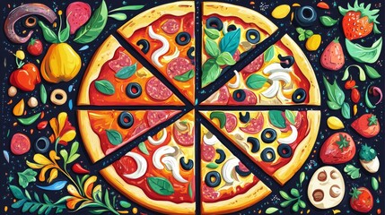 21.A colorful vector poster for National Pizza Day on February 9, showing a whole pizza divided into slices, each with unique toppings like anchovies, fresh basil, sausage, and black olives. The flat