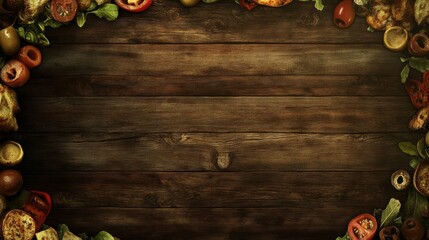 76.A dark wood-themed background perfect for National Pizza Day promotions, featuring a deep, rich wood texture with natural knots and grain. The borders are adorned with pizza toppings like sliced