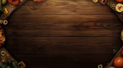 76.A dark wood-themed background perfect for National Pizza Day promotions, featuring a deep, rich wood texture with natural knots and grain. The borders are adorned with pizza toppings like sliced