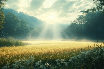 Obraz premium Golden field, misty sunrise, sunbeams, forest.