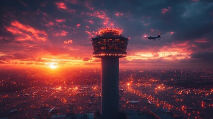 Fototapeta premium Sunset view of an airport control tower with an airplane in flight.