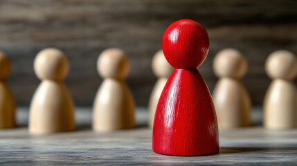 red wooden figure stands out among beige figures, symbolizing uniqueness and individuality. This captures essence of standing out in crowd