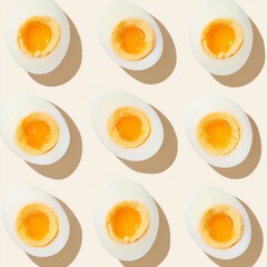a pattern of boiled eggs on a white background. slice of boiled egg background