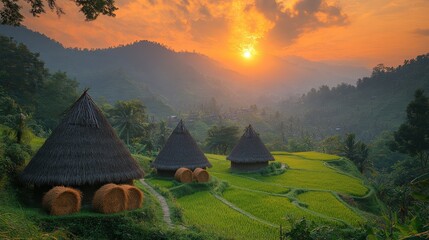 Naklejka premium Sunset, rice terraces, three thatched huts.