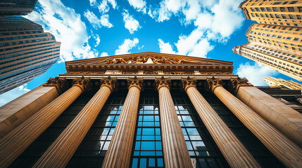 Financial District Majesty:  A low-angle shot captures the imposing grandeur of a classical-style bank building, its towering columns reaching towards a vibrant blue sky.