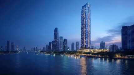 Fototapeta premium A skyline at dusk featuring a tall modern building beside a river.