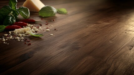 90.A sophisticated, dark wood background with a focus on rich textures and deep tones, perfect for food-themed content. The design includes scattered elements like Parmesan shavings, chili flakes,