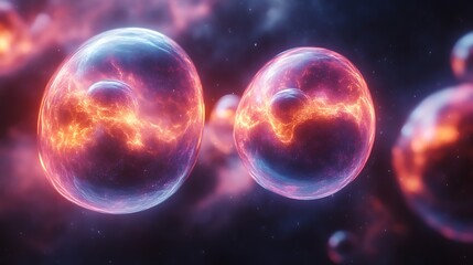 Glowing orbs, fiery plasma, cosmic energy.