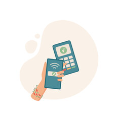 Female hand holds phone. Woman holds smartphone for digital payment. Electronic cash payment, credit wallet, financial concept, graphic style, suitable for business usage.