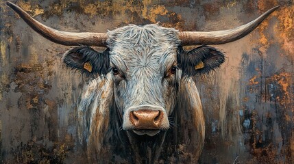 Majestic Longhorn Cattle Portrait: A Stunning Ranch Animal Painting