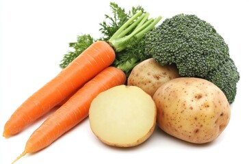 Fresh Organic Vegetables Displayed on White Background Featuring Broccoli, Carrots, and Potatoes for Healthy Cooking and Nutrition in Culinary Usage