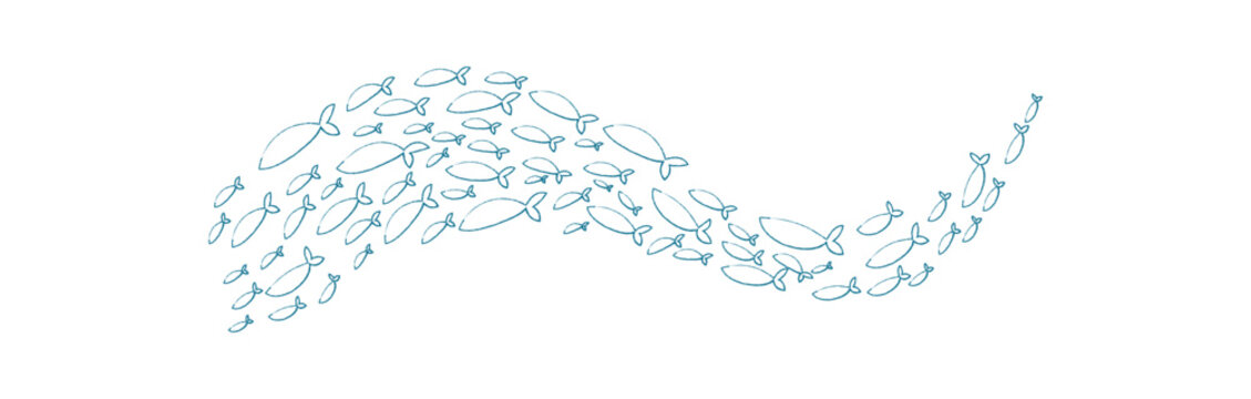 Chalk silhouette fish school. Aquatic group of fish swim in a playful pattern. Underwater life in the ocean, flat style design, suitable for summer projects.