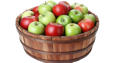 Wooden basket filled with fresh apples isolated on white background