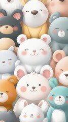 3D rendering of a group of cute cartoon animals on a white background.