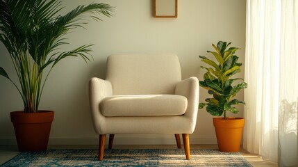 Cozy living room scene with armchair and indoor plants modern home interior design bright environment aesthetic view