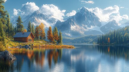 Fototapeta premium Secluded cabin, autumnal lake, majestic mountains.