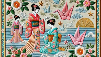 An embroidery pattern style design featuring Japanese girls wearing traditional kimonos in fresh, bright colors, with origami birds flying in the sky1