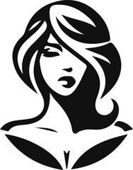 sketch of the silhouette of a logo icon, a symbol of a modern woman's face with long, minimalist hair as a symbol of beauty