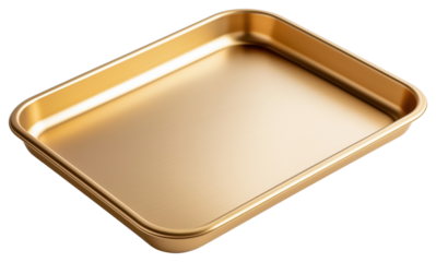 Golden rectangular baking pan isolated on transparent background.