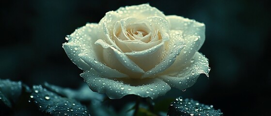 Dew-kissed white rose, garden background, floral beauty, romantic