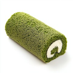 Matcha Green Tea Roll Cake with Cream Filling on White Background Perfect for Dessert Lovers and Food Photography