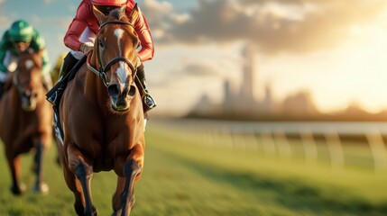 Exciting horse racing event at sunset urban racecourse sports action vibrant environment dynamic viewpoint
