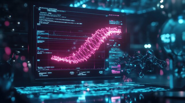 DNA Strand Analysis Displayed on Futuristic Computer Interface with Glowing Graphics and Data Visualization