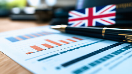 British Business Growth: A close-up image of a pen resting on a financial report, a British flag visible in the background, symbolizing growth and expansion in the UK market. 