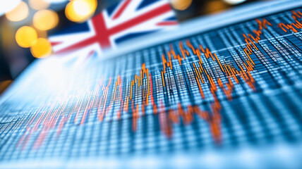 UK Economic Growth: A close-up shot of a financial chart showing an upward trend, with a British flag in the background, symbolizes the potential for economic prosperity in the United Kingdom.  