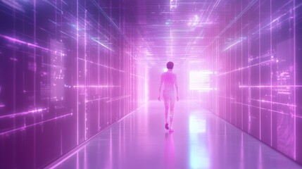 Futuristic woman walking down a glowing, digital corridor.