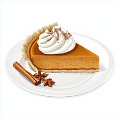Delicious Pumpkin Pie Slice with Whipped Cream and Cinnamon Sticks on a Plate