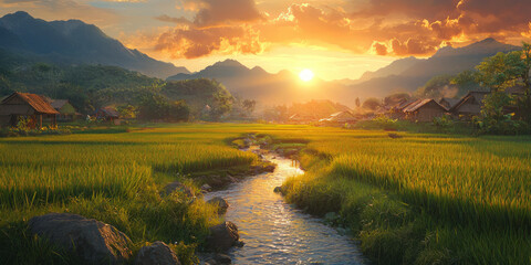 The sun sets in the distance, and green rice fields cover the mountains with a golden light, generative AI