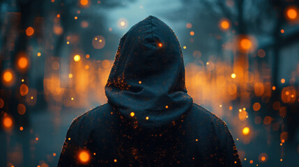 mysterious figure in hooded jacket stands against blurred background filled with glowing orbs, creating enigmatic atmosphere