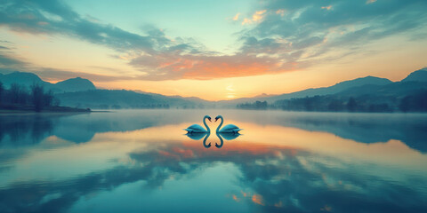 Beautiful lake landscape photograph at dawn featuring two swans gracefully mirrored in calm water, surrounded by serene mountains and colorful sky