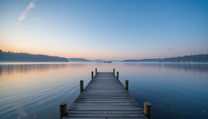 Obraz premium Tranquil Sunrise Over a Misty Lake with Wooden Dock