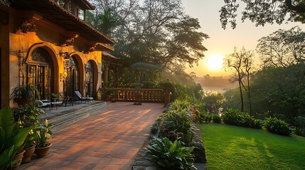 Sunrise serenity at a luxurious villa nature retreat tranquil environment