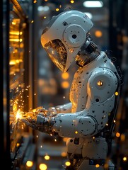 Fototapeta premium Robotic welder sparks fly in factory.