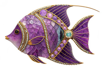 An artistic representation of an angelfish crafted from a stunning array of purple gemstones, including shiny Amethyst - generated by ai