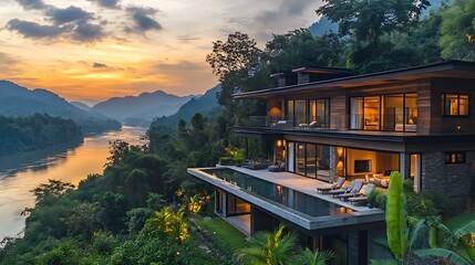 Obraz premium Modern riverfront villa at sunset luxury home serene landscape
