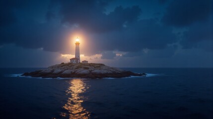 Glowing lighthouse beaming light across tranquil waters from rocky island under a moody sky