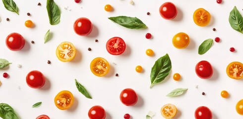 Vibrant Assortment of Cherry Tomatoes and Fresh Basil Leaves Arranged on White Surface for Culinary and Food Photography Use