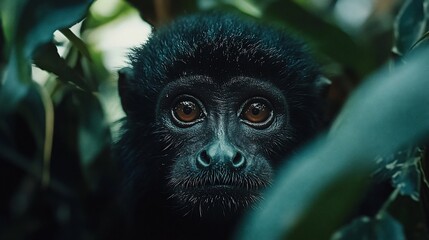 Obraz premium Curious monkey peering from leaves, jungle background, wildlife portrait