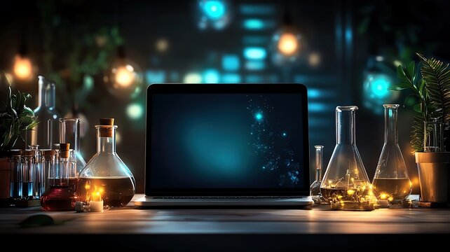 Laboratory workspace with laptop and equipment.