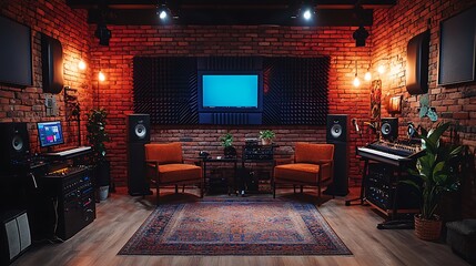 Fototapeta premium Creative music studio setup home interior design cozy atmosphere